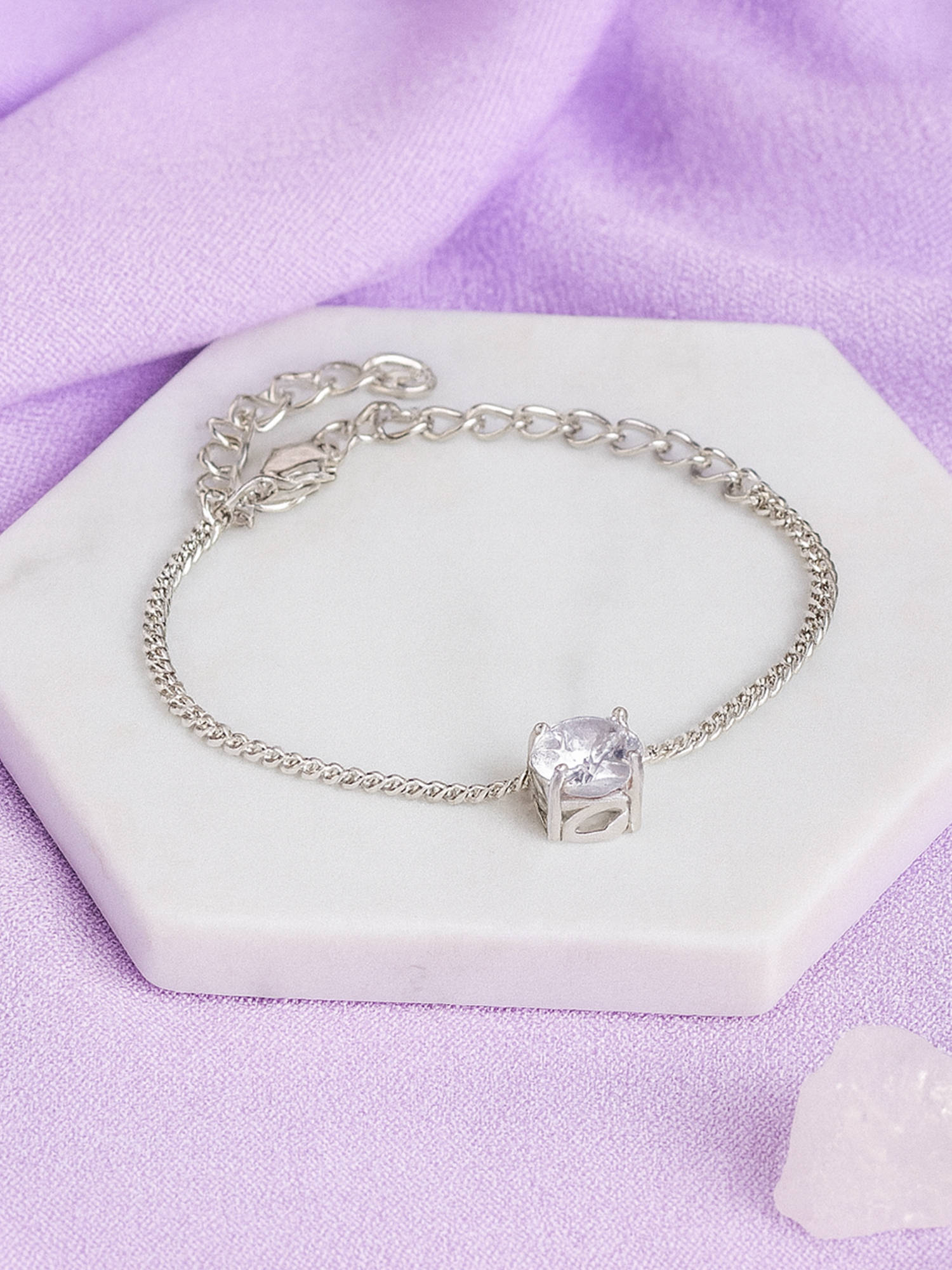 Estele Rhodium White AD Charm White Adjustable Chain Bracelet