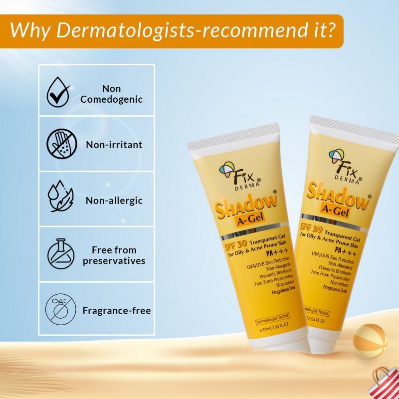 Fixderma Shadow AGel SPF 30 Sunscreen For Acne Prone Skin, NonOily, UVA UVB, Transparent Gel