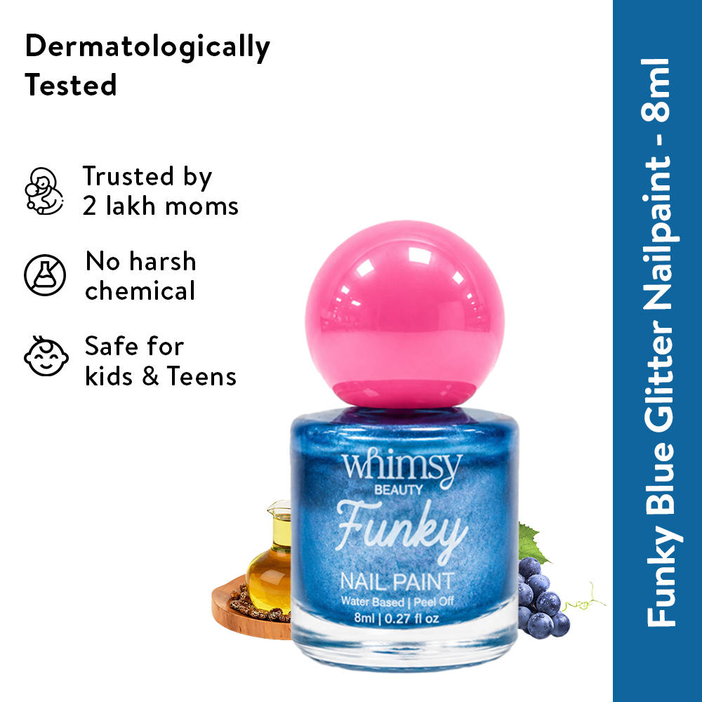 Whimsy Beauty Safe, Peel Off, Non Toxic, Water Based Nail Paint - Blue Gillter