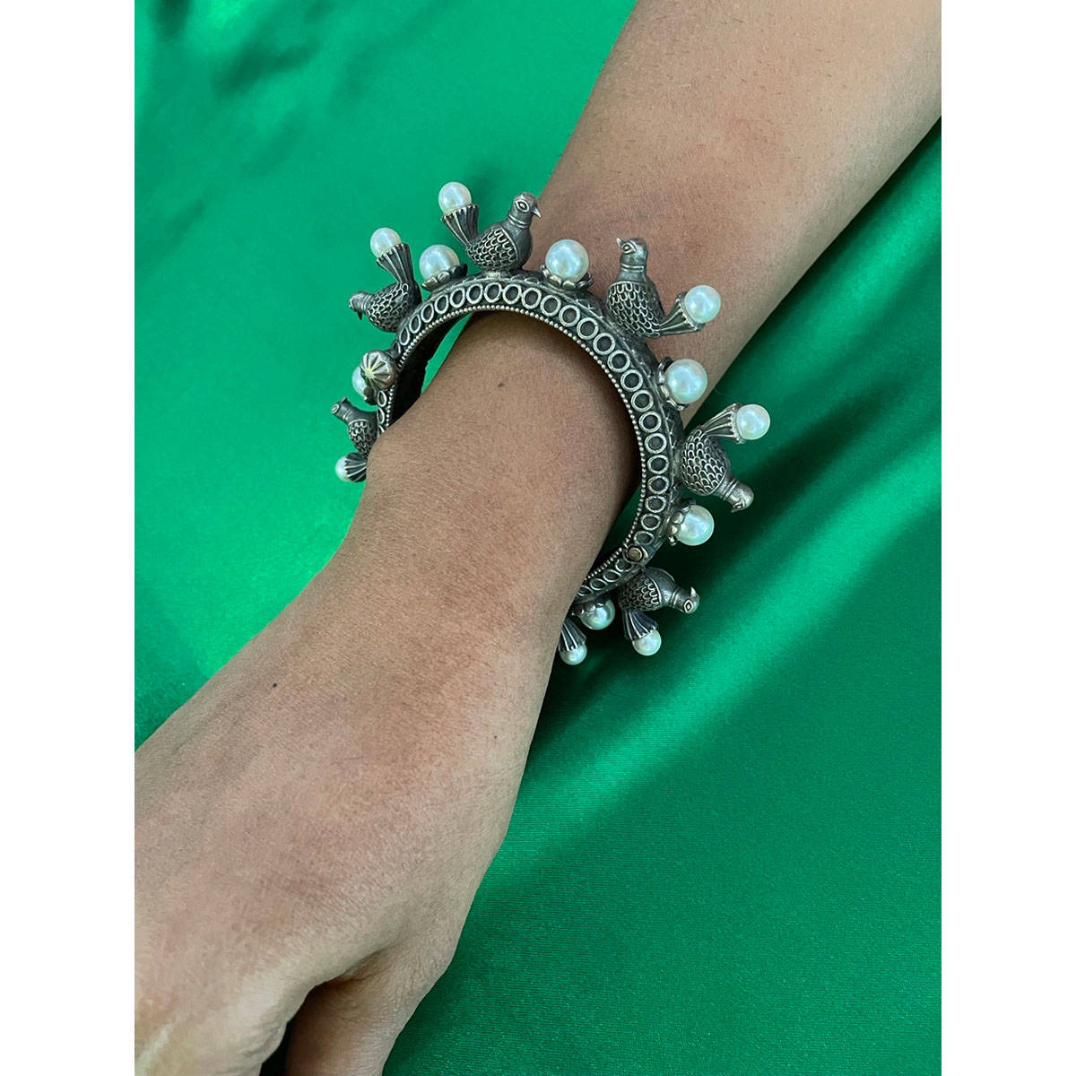 Digital Dress Room Pigeons with Pearl Design Oxidised Bangle- Kada