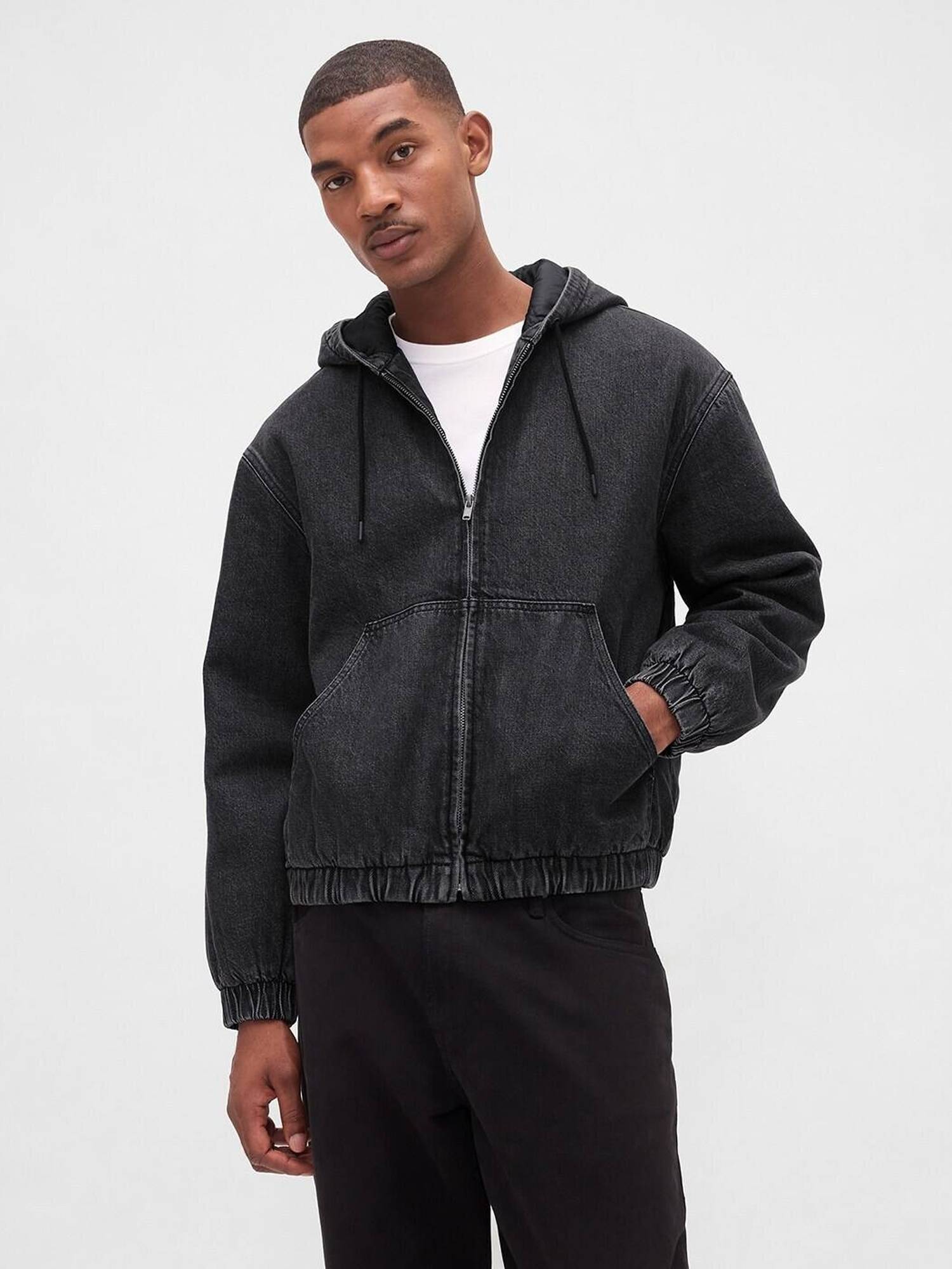 Buy GAP Charcoal Men Cotton Blend Hooded Jacket Online