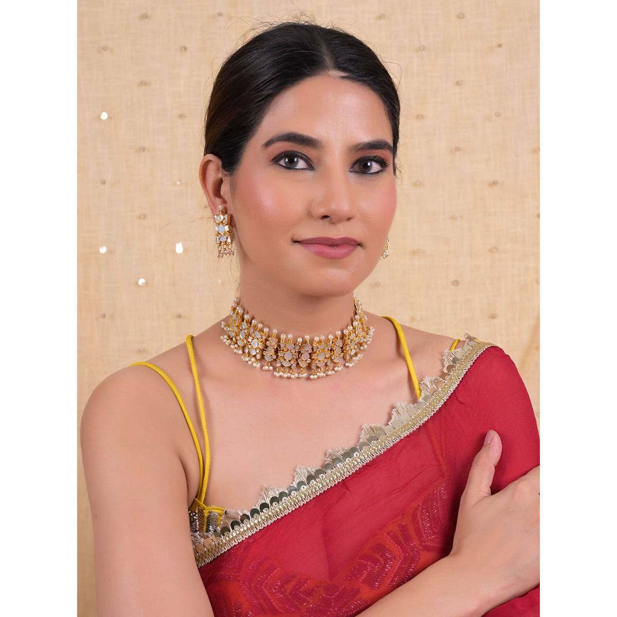 Shlok Jewels Women White 18K Gold Plated Pearl Choker Set