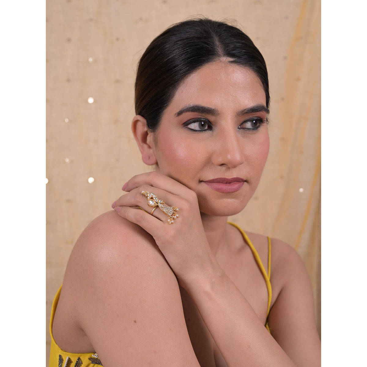 Shlok Jewels Women White Peacock Motif 18K Gold Plated Jadau Kundan Ring