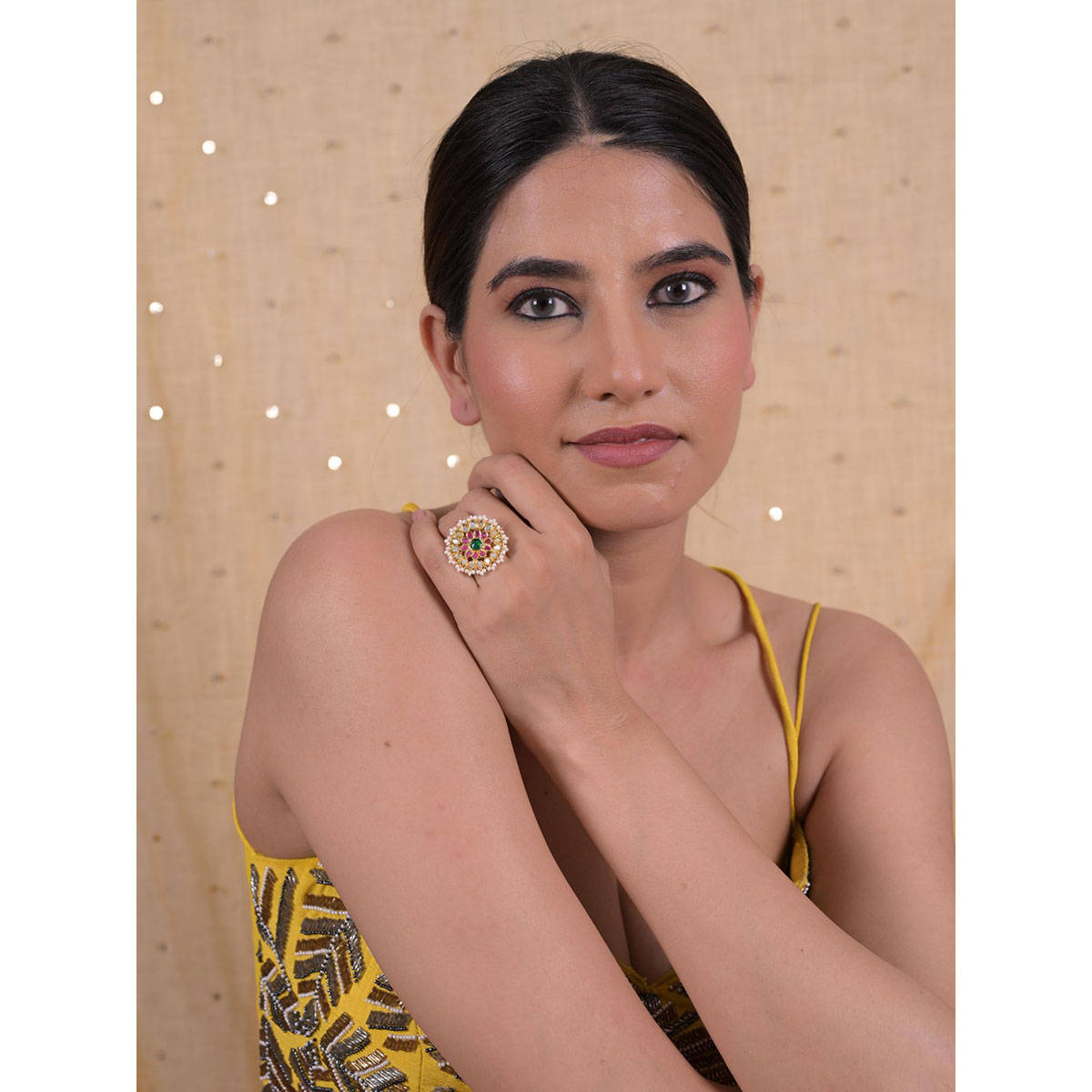 Shlok Jewels Women Multi-Color 18K Gold Plated Jadau Kundan Ring