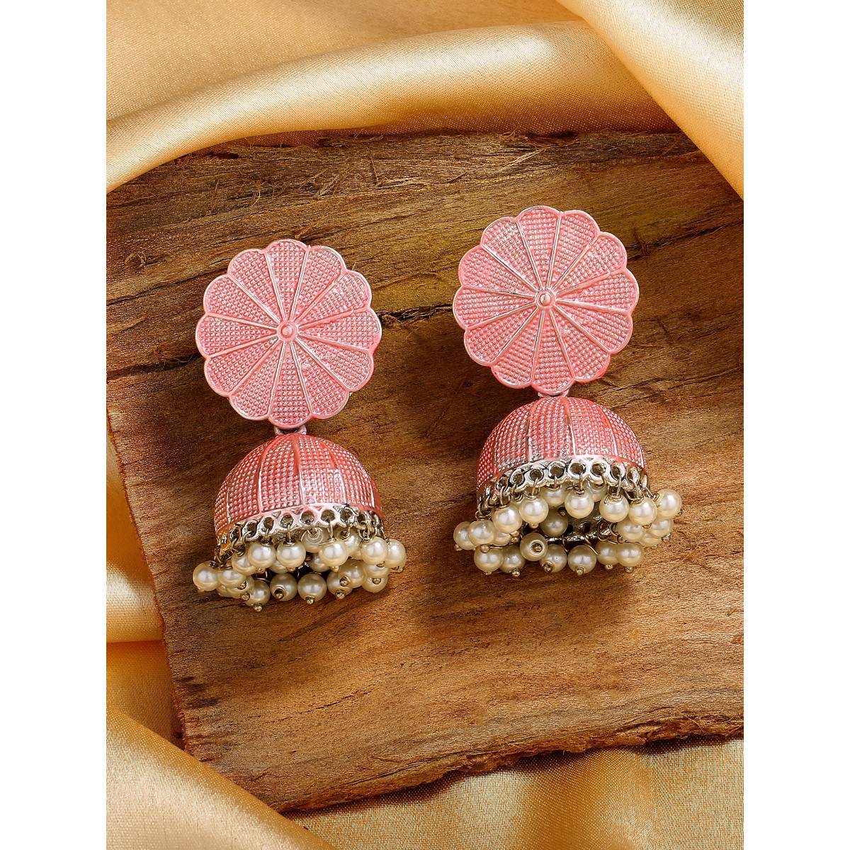 Estele Rhodium Plated Sparkling Pink Meenakari Jhumki Earrings with Pearls for Women