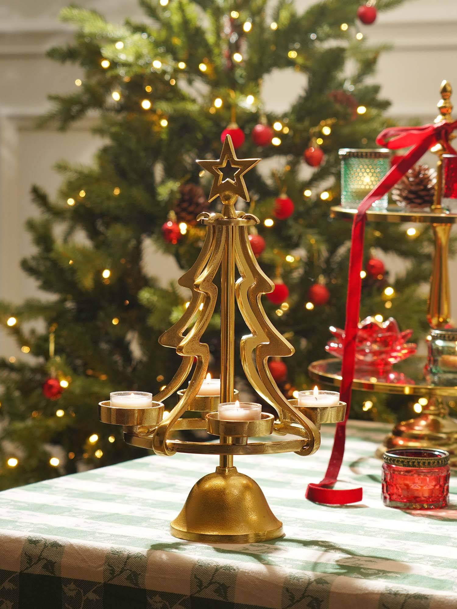 Pure Home + Living Gold Metal 4 Slot Christmas Tree Tealight Holder