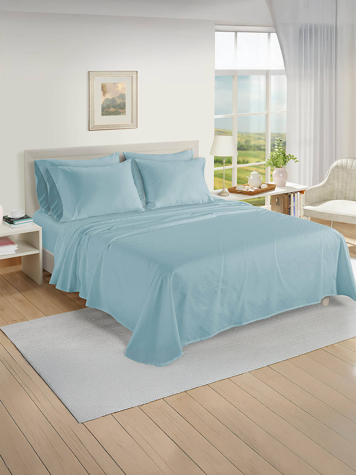 LANE LINEN 100% Egyptian Cotton Swiss Dot Super King Bedsheet with 4 Pillow Covers Starlite Blue