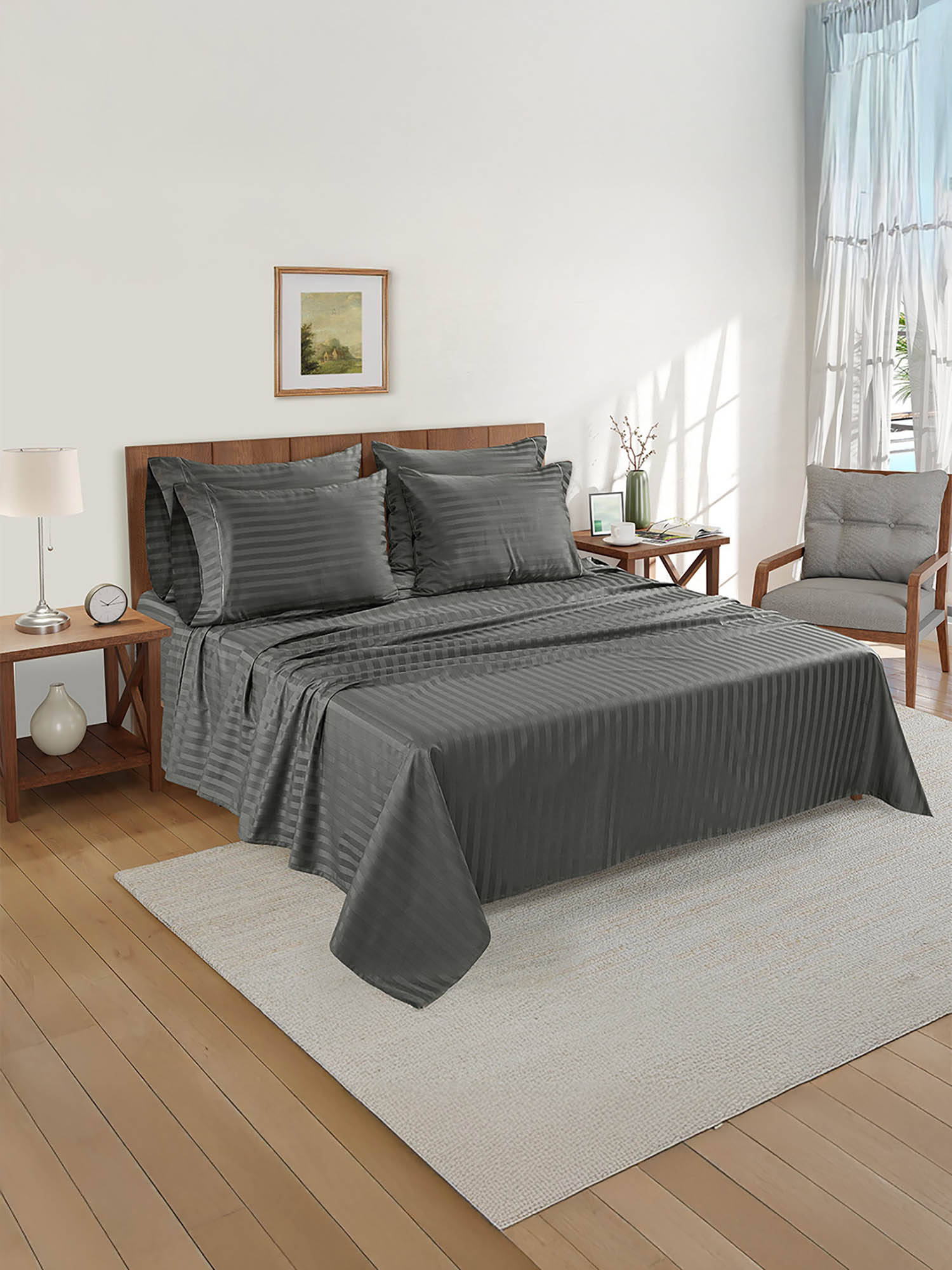 LANE LINEN 800TC 100% Egyptian Cotton Stripe Super King Bedsheet with 4 Pillow Covers Charcoal