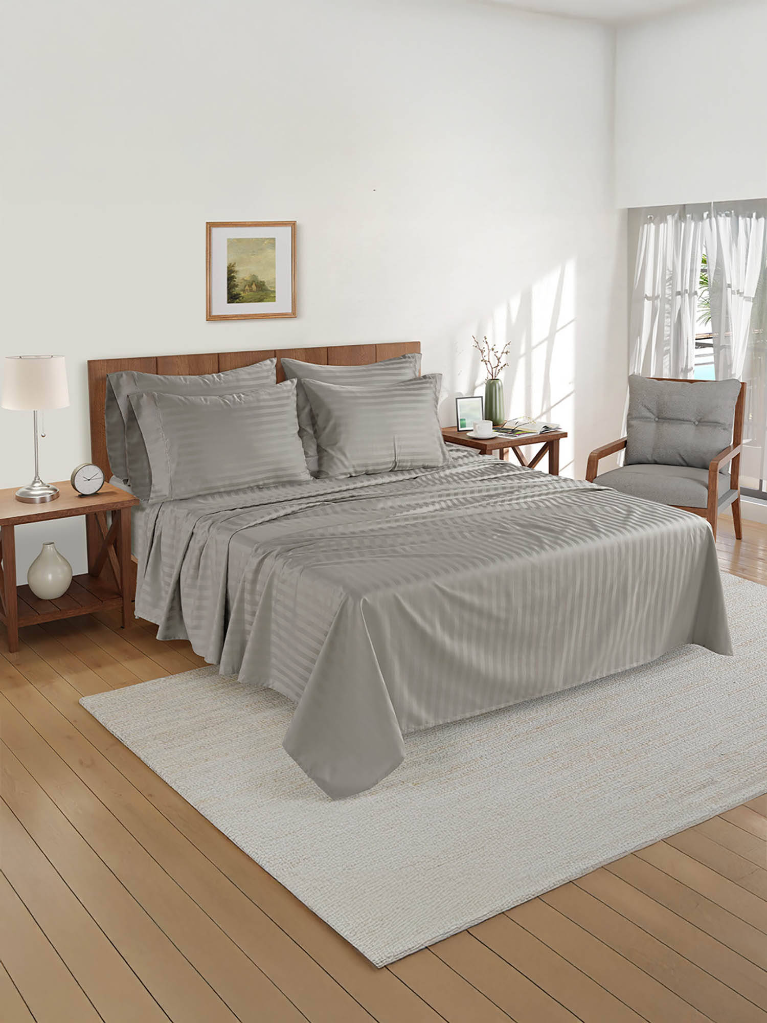 LANE LINEN 800TC 100% Egyptian Cotton Stripe Super King Bedsheet with 4 Pillow Covers Silver