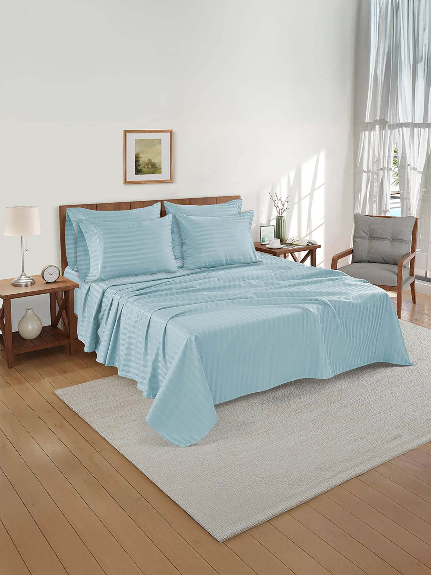 LANE LINEN 800TC 100% Egyptian Cotton Stripe Super King Bedsheet 4 Pillow Covers - Starlite Blue