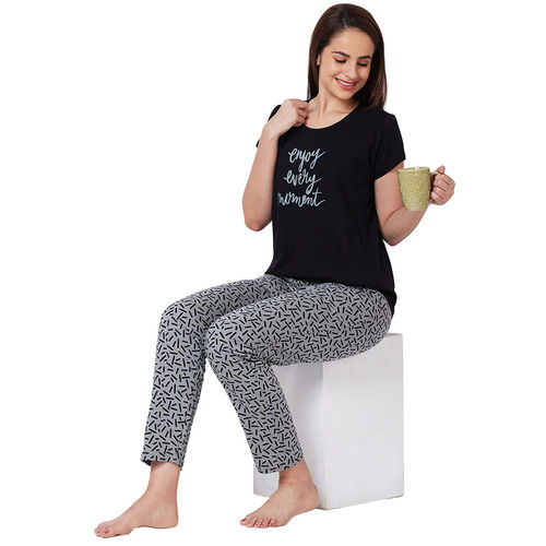 Buy Juliet Black Cotton T-Shirt with Pyjama Night Suit-JON812 (Set