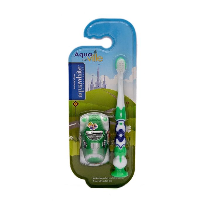 Aquawhite Aquaville Soft Bristles Toothbrush with Car Toy for Kids - Green