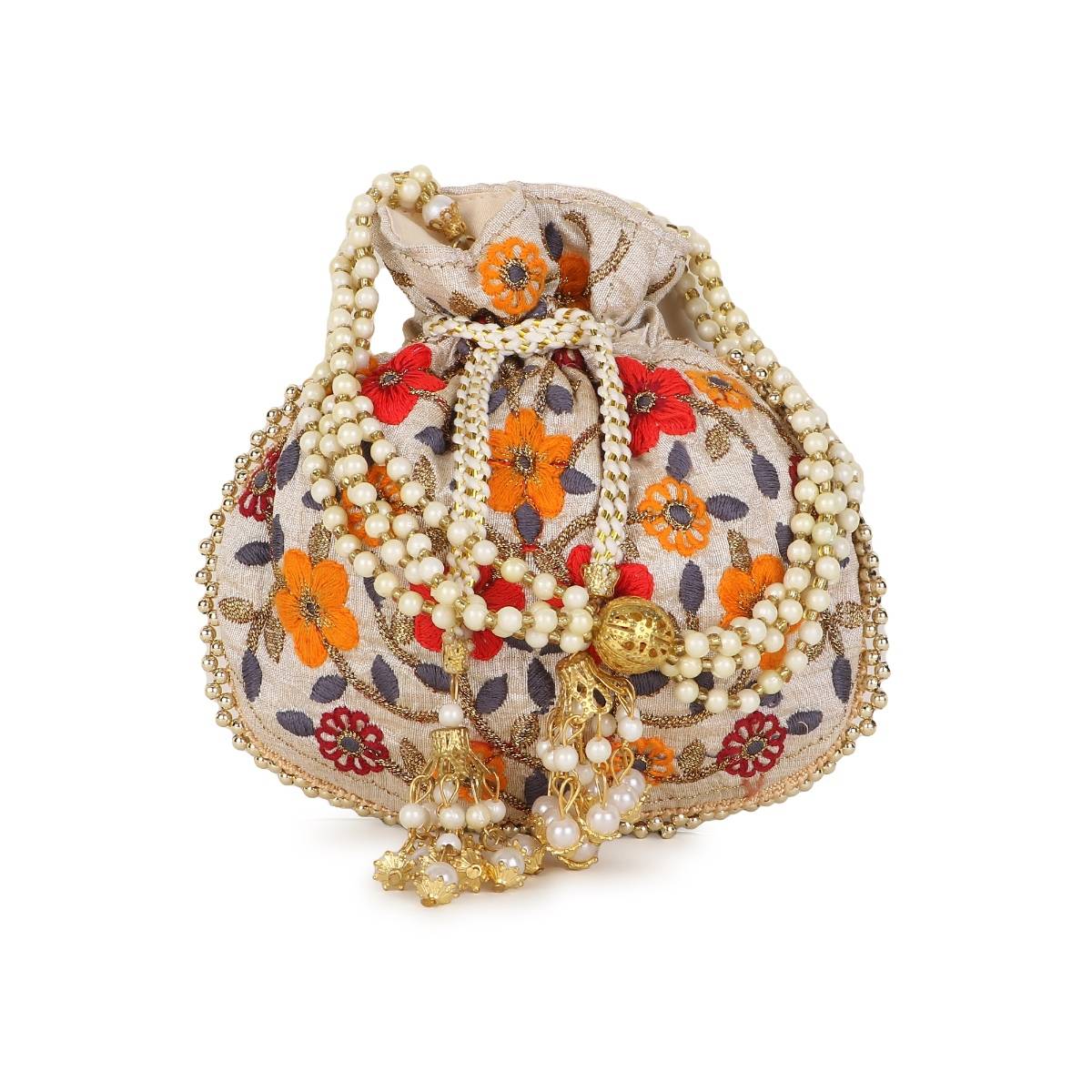 Anekaant Dangle Cream and Multi Floral Embroidered Faux Silk Potli