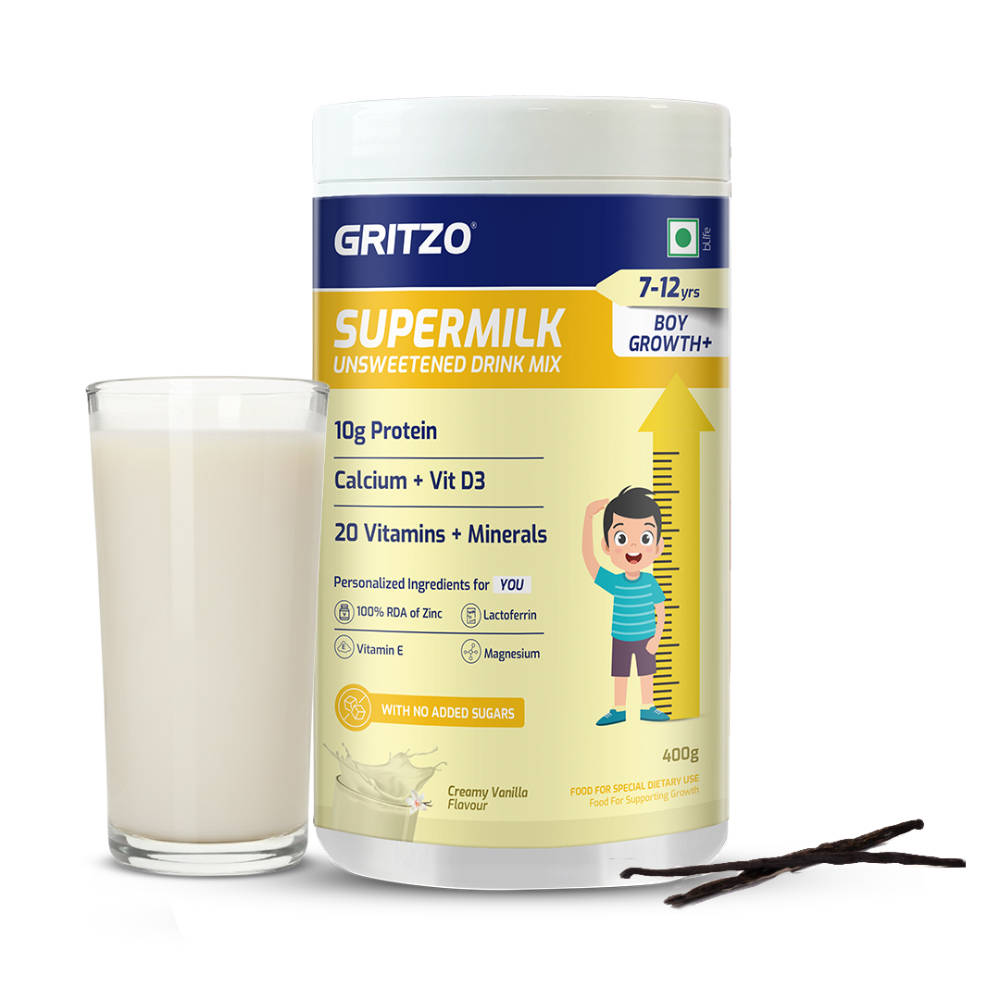 Gritzo Supermilk Growth+ 10G Protein Powder Unsweetened Drink Mix For 7-12Y Boys - Creamy Vanilla