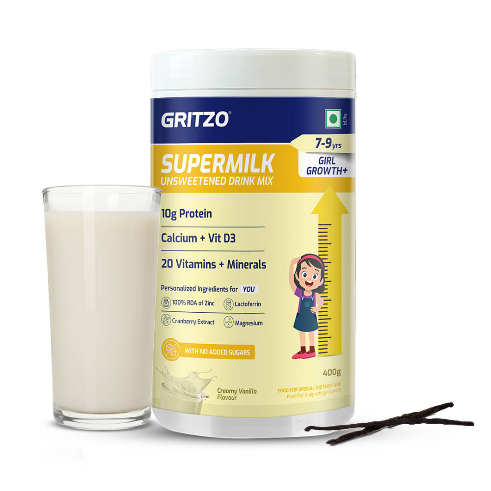 Gritzo Supermilk Growth+ Unsweetened Drink Mix For 7-9Y Girls - Creamy Vanilla