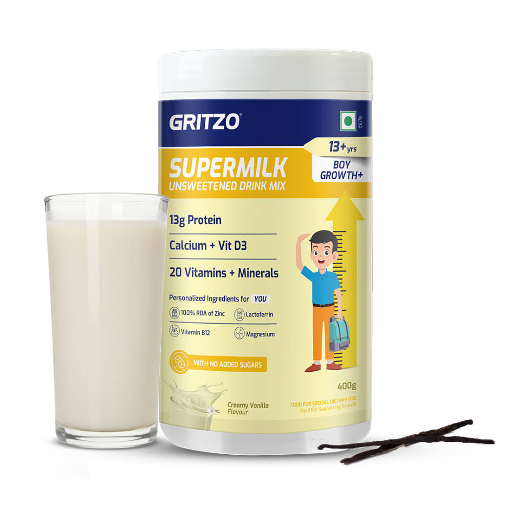 Gritzo Supermilk Growth+ 13G Protein Powder Unsweetened Drink Mix For 13+Y Boys - Creamy Vanilla