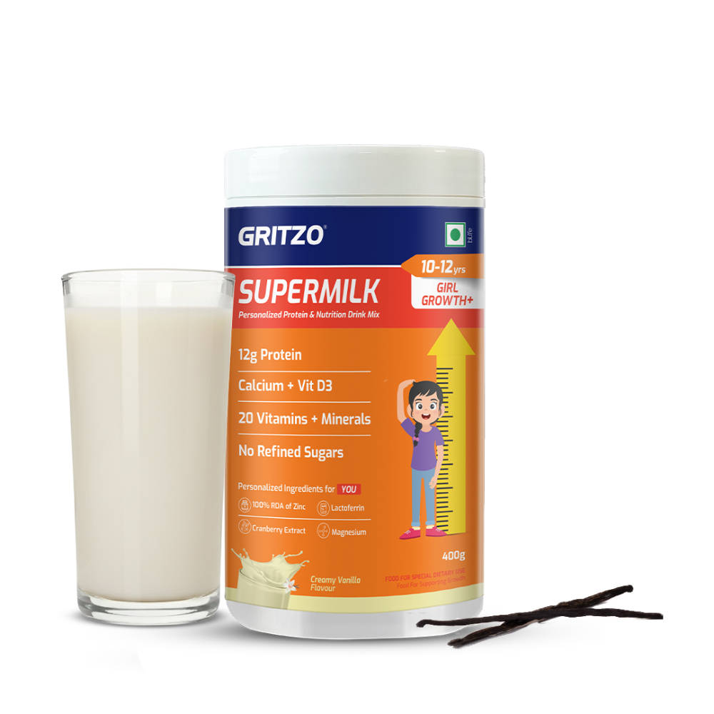 Gritzo Supermilk Growth+ 12G Protein Powder For 10-12Y Girls - Creamy Vanilla
