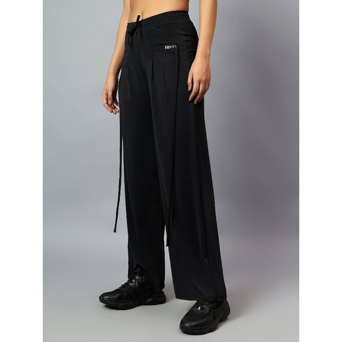 Buy Fitkin Womens Black Relaxed Fit Pleated Bootcut Trackpant Online