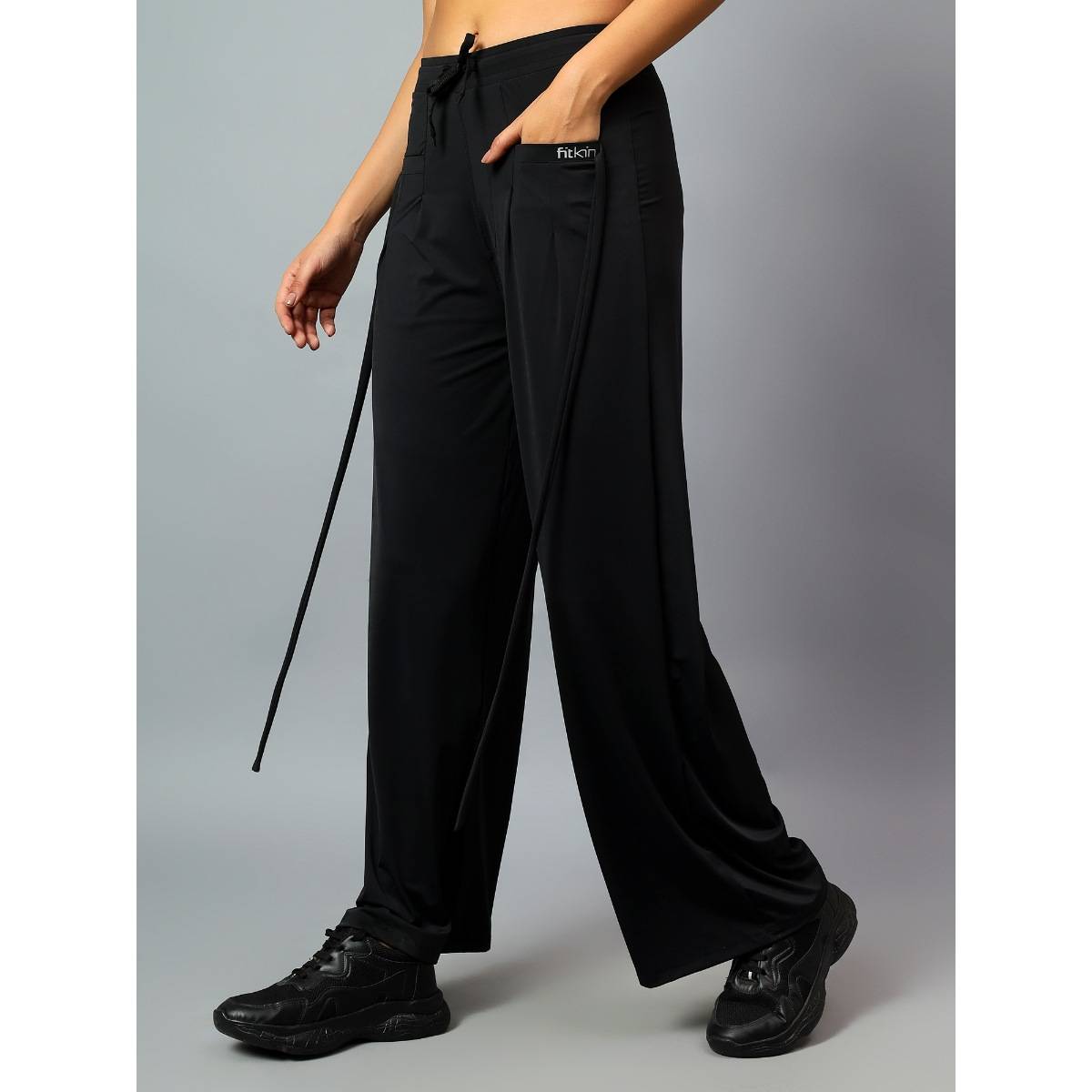 Buy Fitkin Womens Black Relaxed Fit Pleated Bootcut Trackpant Online