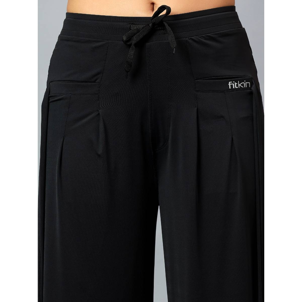 Buy Fitkin Womens Black Relaxed Fit Pleated Bootcut Trackpant Online