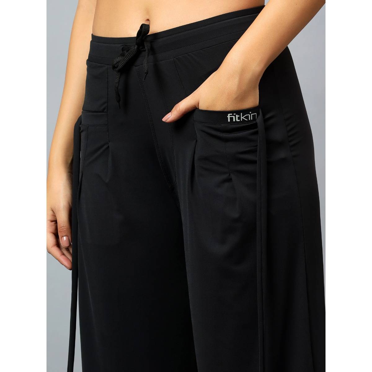 Buy Fitkin Womens Black Relaxed Fit Pleated Bootcut Trackpant Online