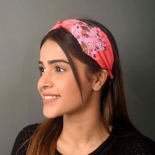 Toniq Hot Pink Beaded Sequin Embellished Bridal Turban Knot Hair Band For  Women