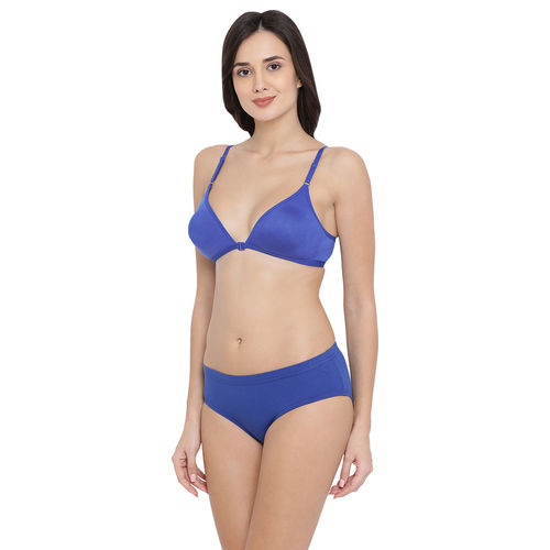 Buy Clovia Cotton Rich Non-Padded Non-Wired Front Open T-Shirt Bra & Mid  Waist Hipster - Blue Online