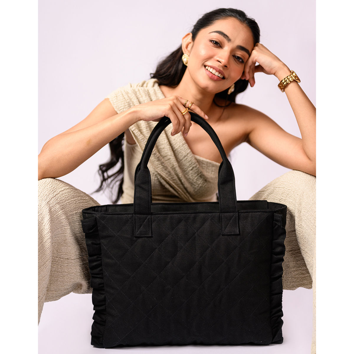 Buy Earth Bags Quilted Canvas Tote Bag Black Online