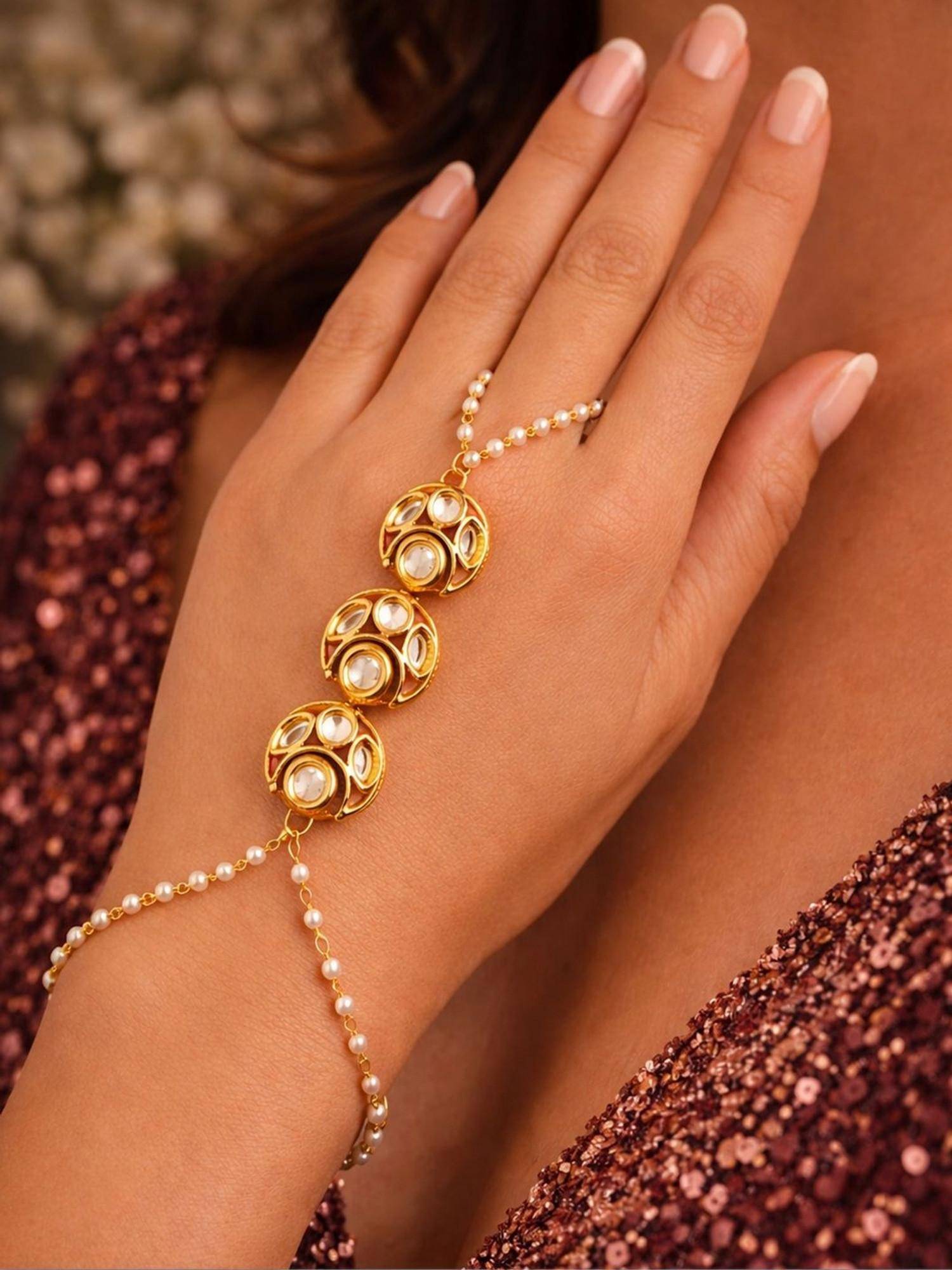 SUGARFRILL 18K Gold Plated Kundan Pearl Beaded Haathphool Bracelet