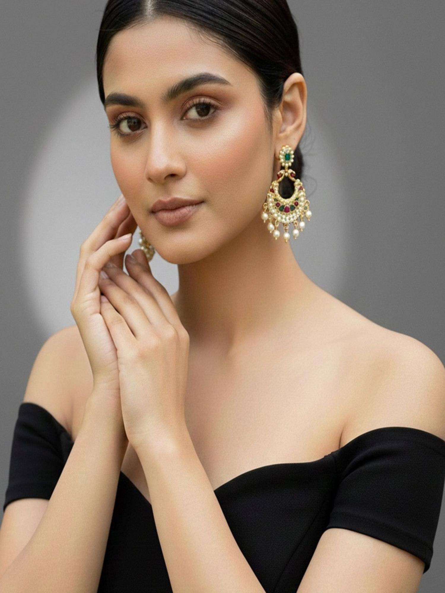 SUGARFRILL 22K Gold Plated Handcrafted Designer Kundan Chandbali Earrings
