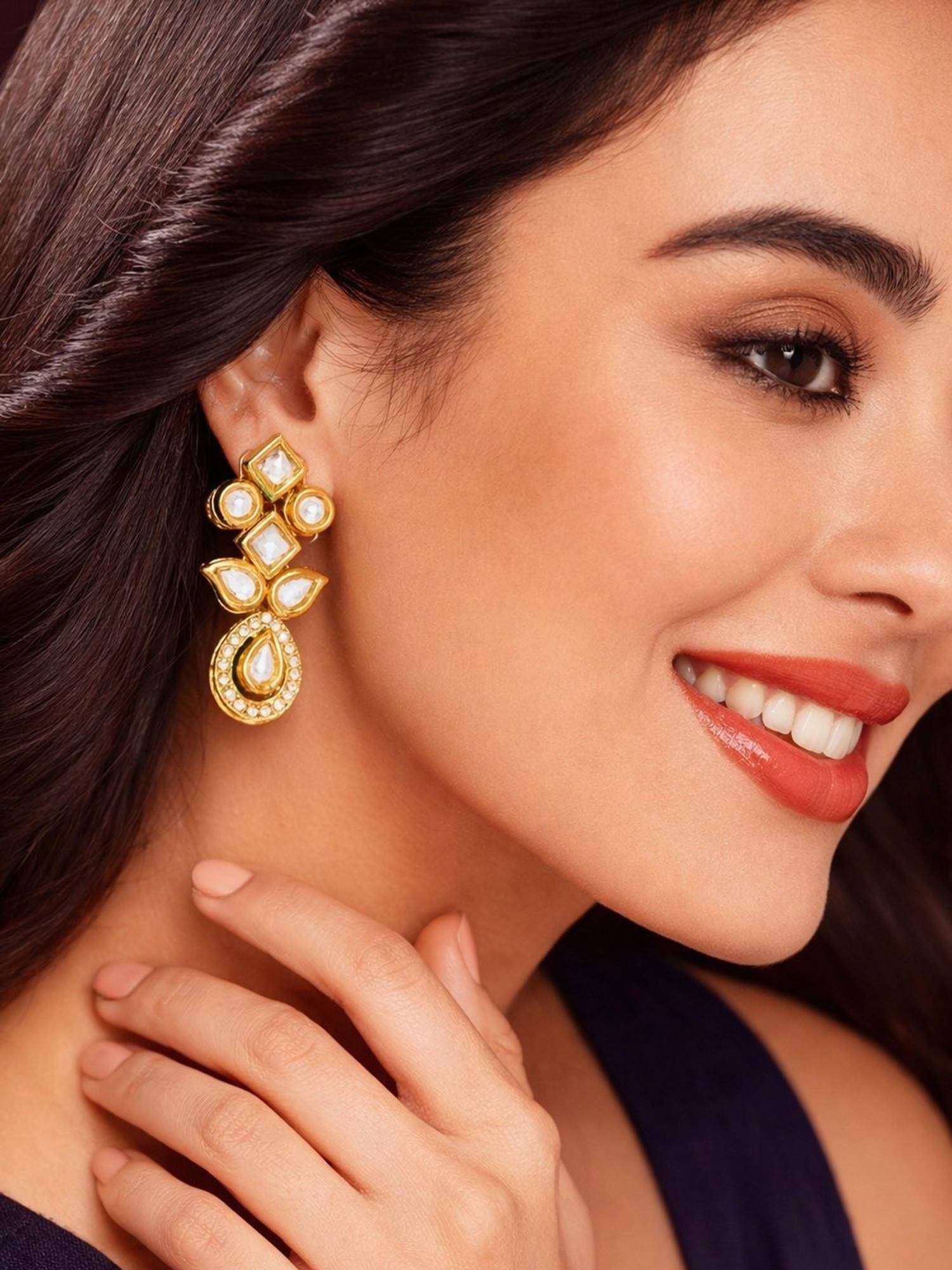 SUGARFRILL Elegant Stone Detailing 18K Gold Plated Kundan Drop Earrings