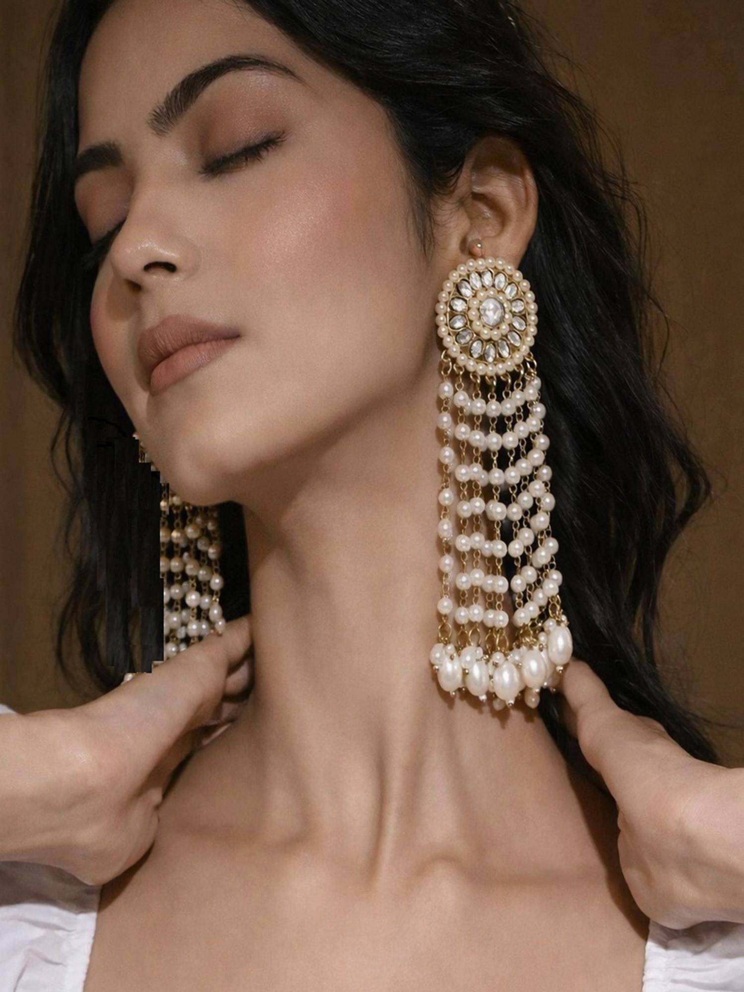 SUGARFRILL 18K Gold Plated Kundan Stone Multilayer White Pearl Chandelier Earrings