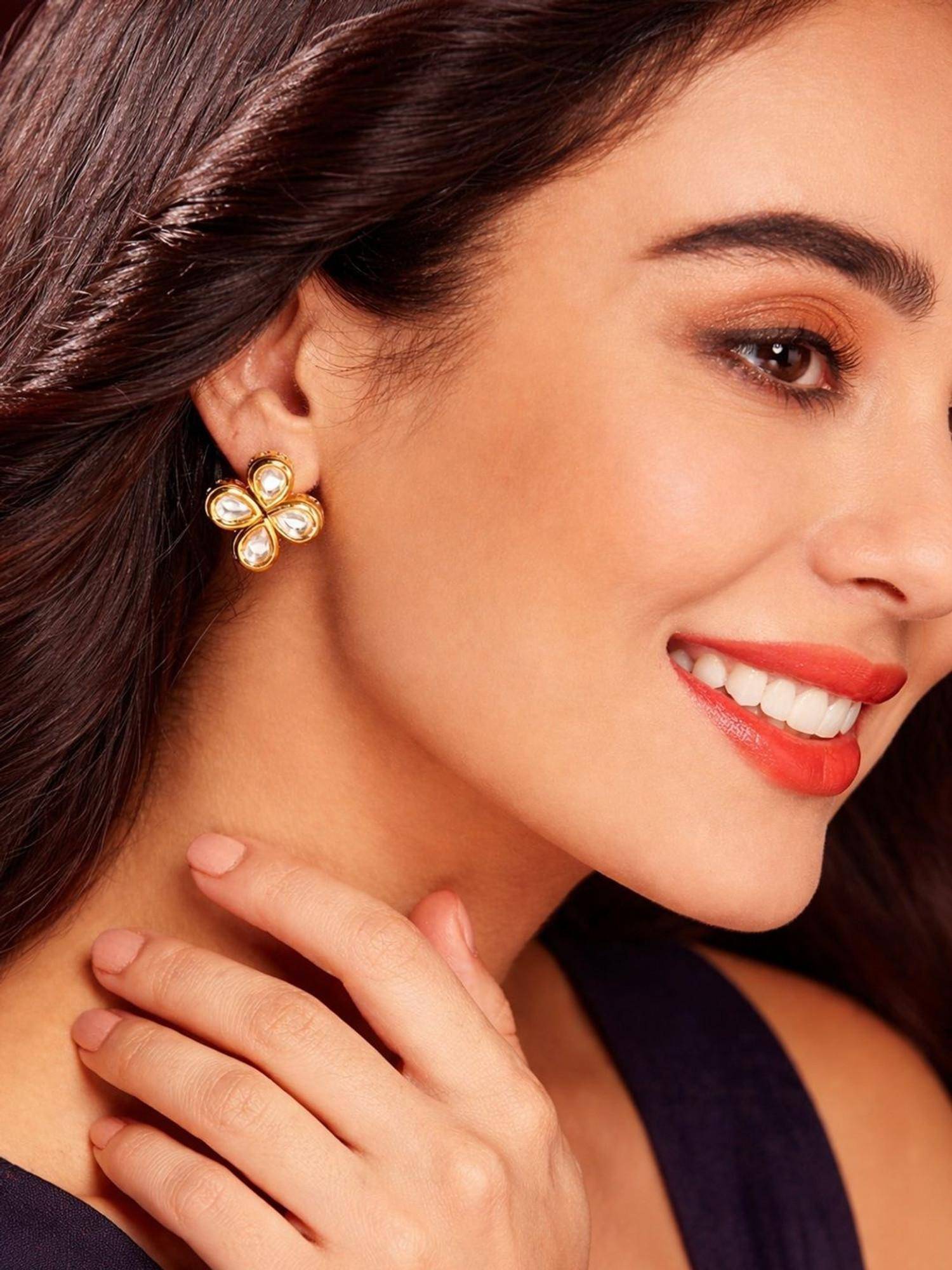 SUGARFRILL 18K Gold Plated Floral Kundan Stud Earrings