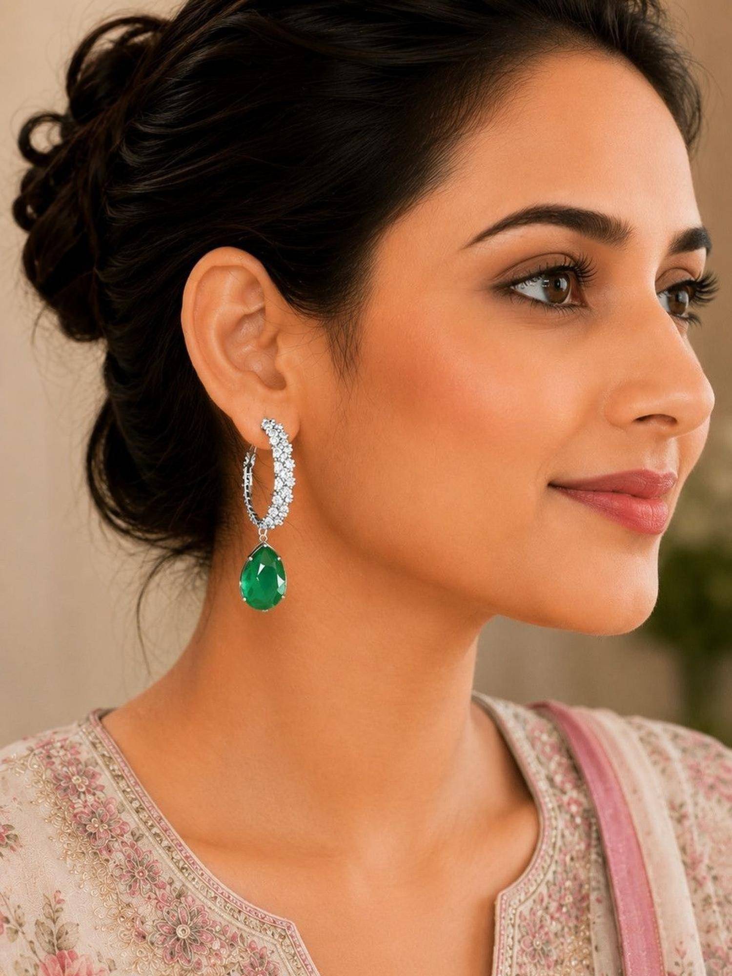 SUGARFRILL Silver Plated Emerald Green Teardrop Hoop Earrings