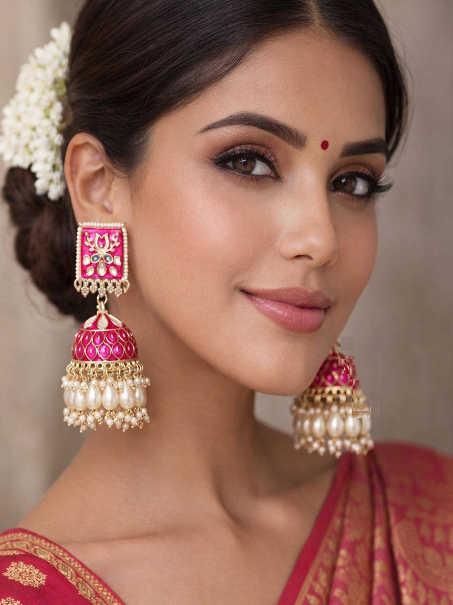 SUGARFRILL Pearl Drops Gold Plated Rani Pink Kundan Jhumka Earrings