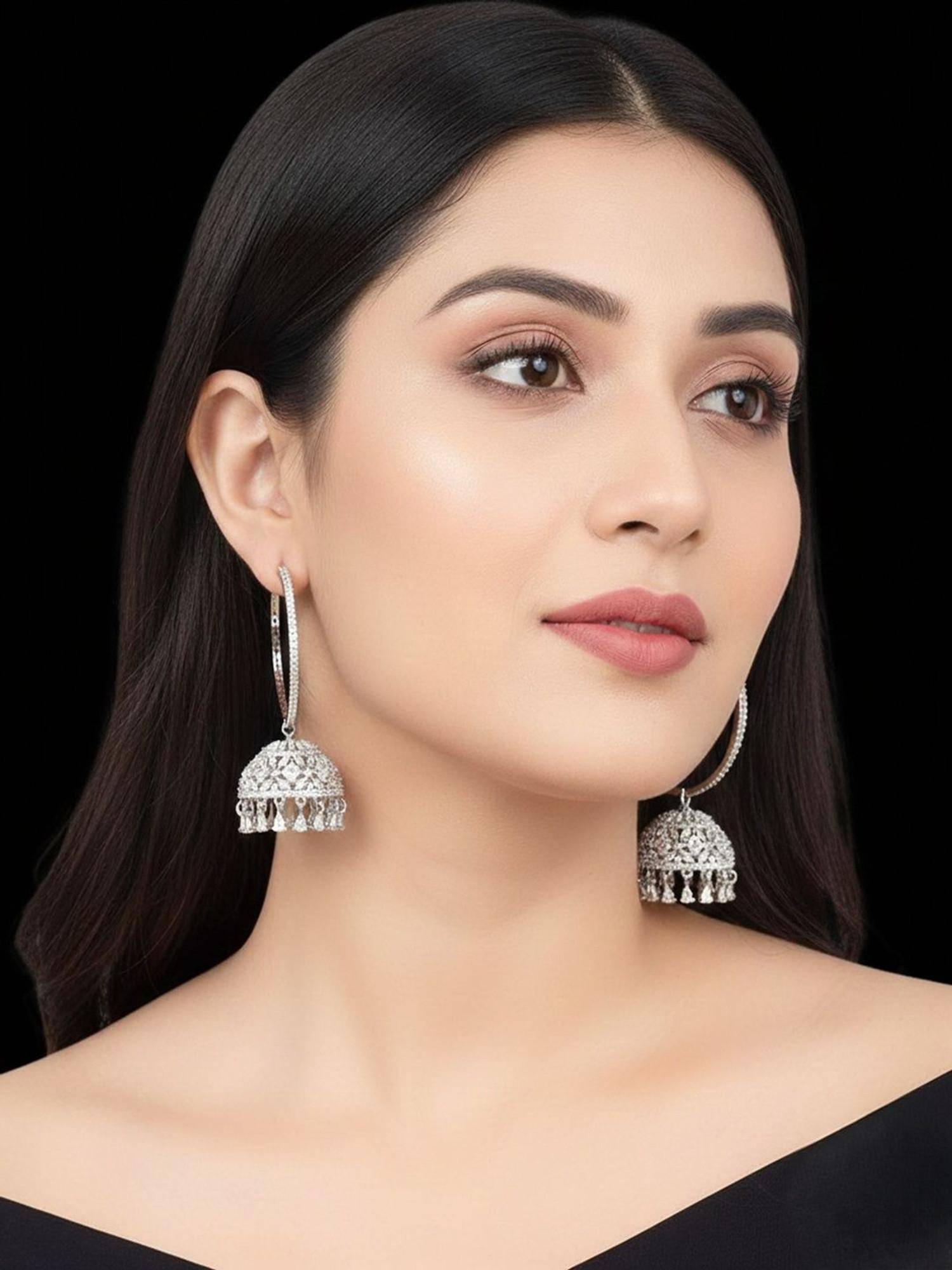 SUGARFRILL Rhodium Plated AD Crystal Studded Silver Look Jhumka Earrings