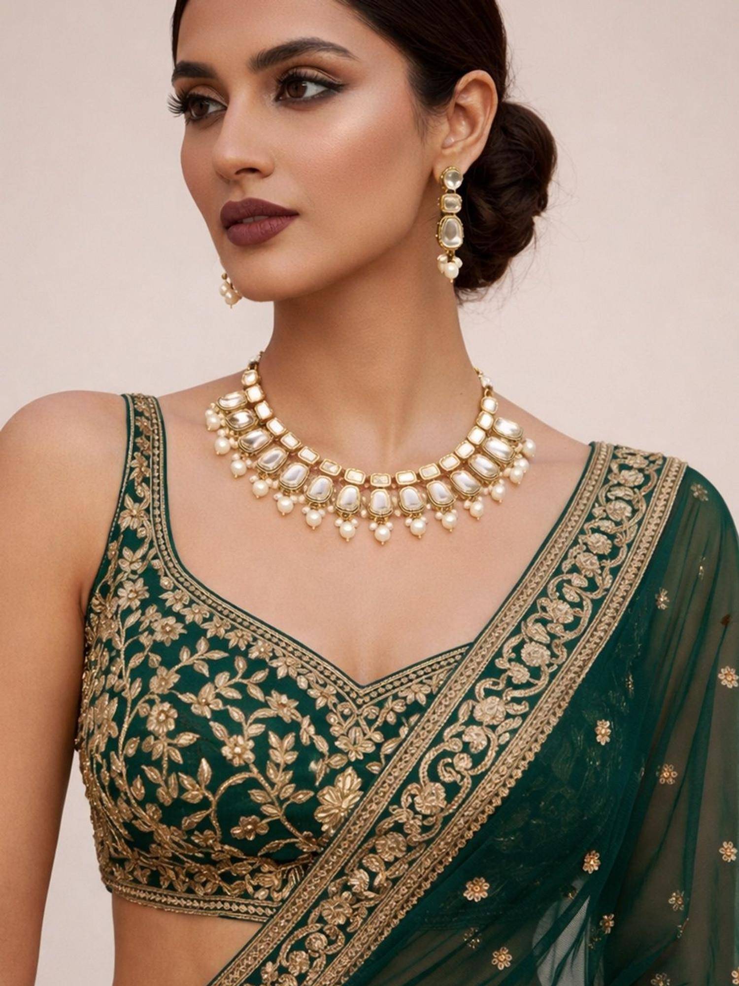 SUGARFRILL 22K Gold Plated Kundan Studded Beaded Statement Necklace Set