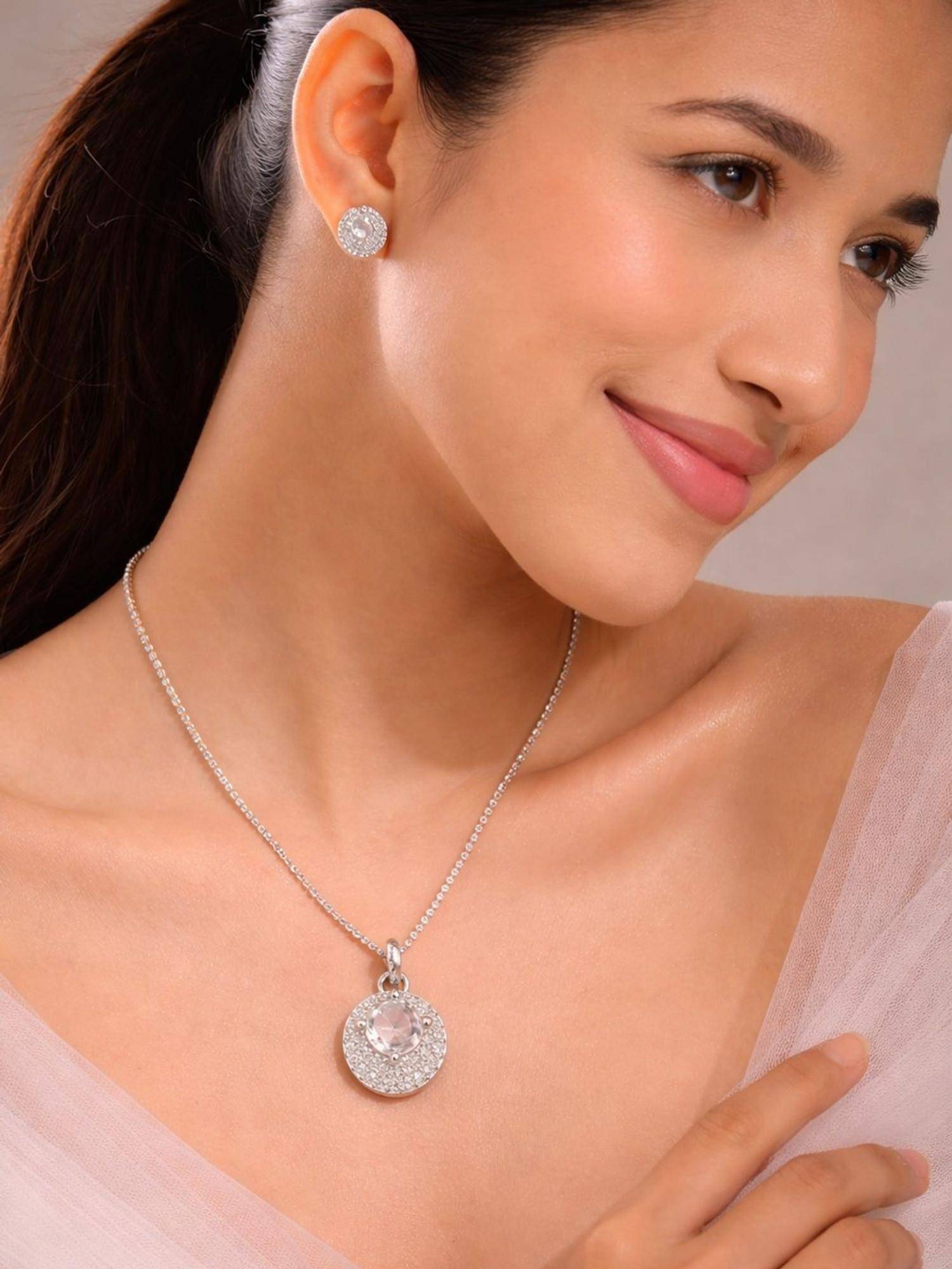 SUGARFRILL Rhodium Plated CZ AD Stone Pendant Necklace Set