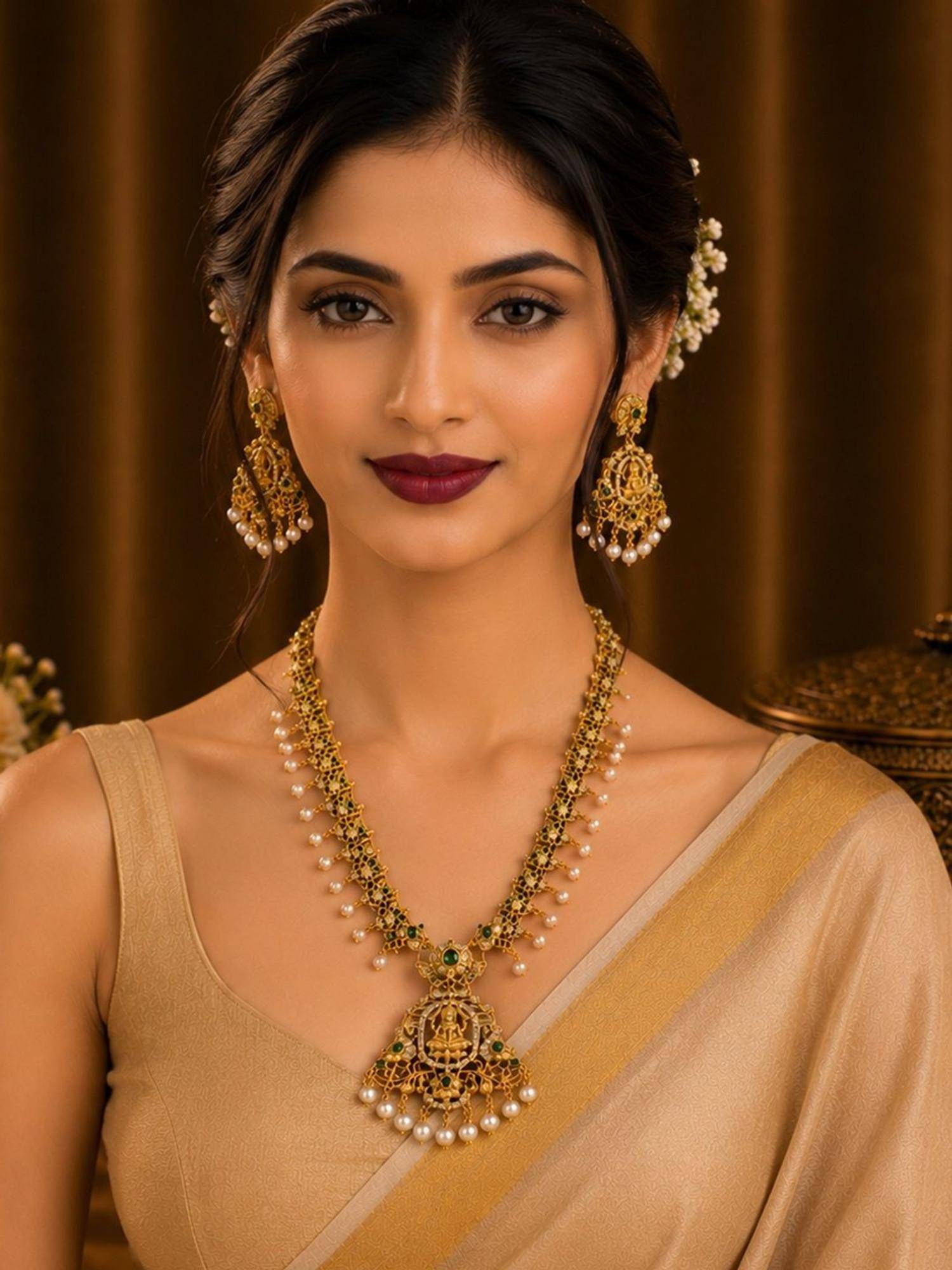 SUGARFRILL 22K Gold Plated AD Lakshmi Design Pearl Drops Temple Necklace Set