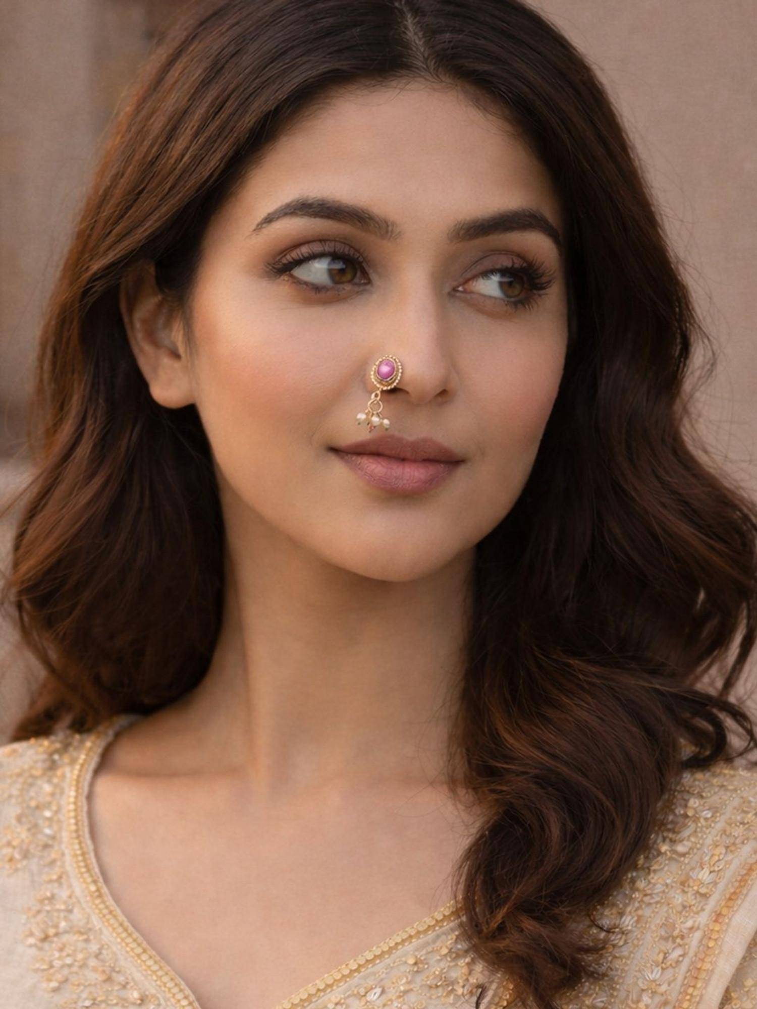 SUGARFRILL 18K Gold Plated Ruby Kundan Stone Studded Nose Clip