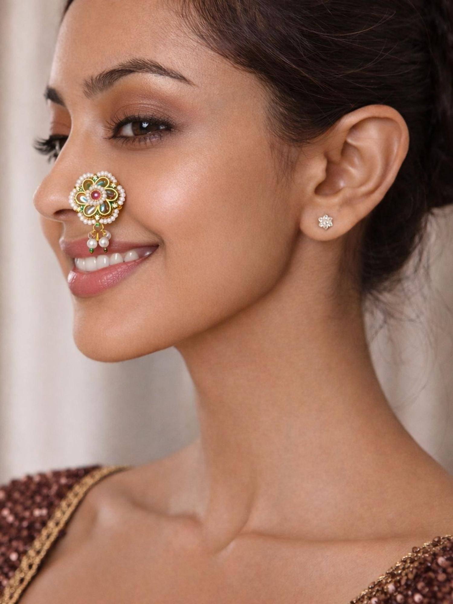 SUGARFRILL 18K Gold Plated Multi-Color Kundan Stone Nose Clip
