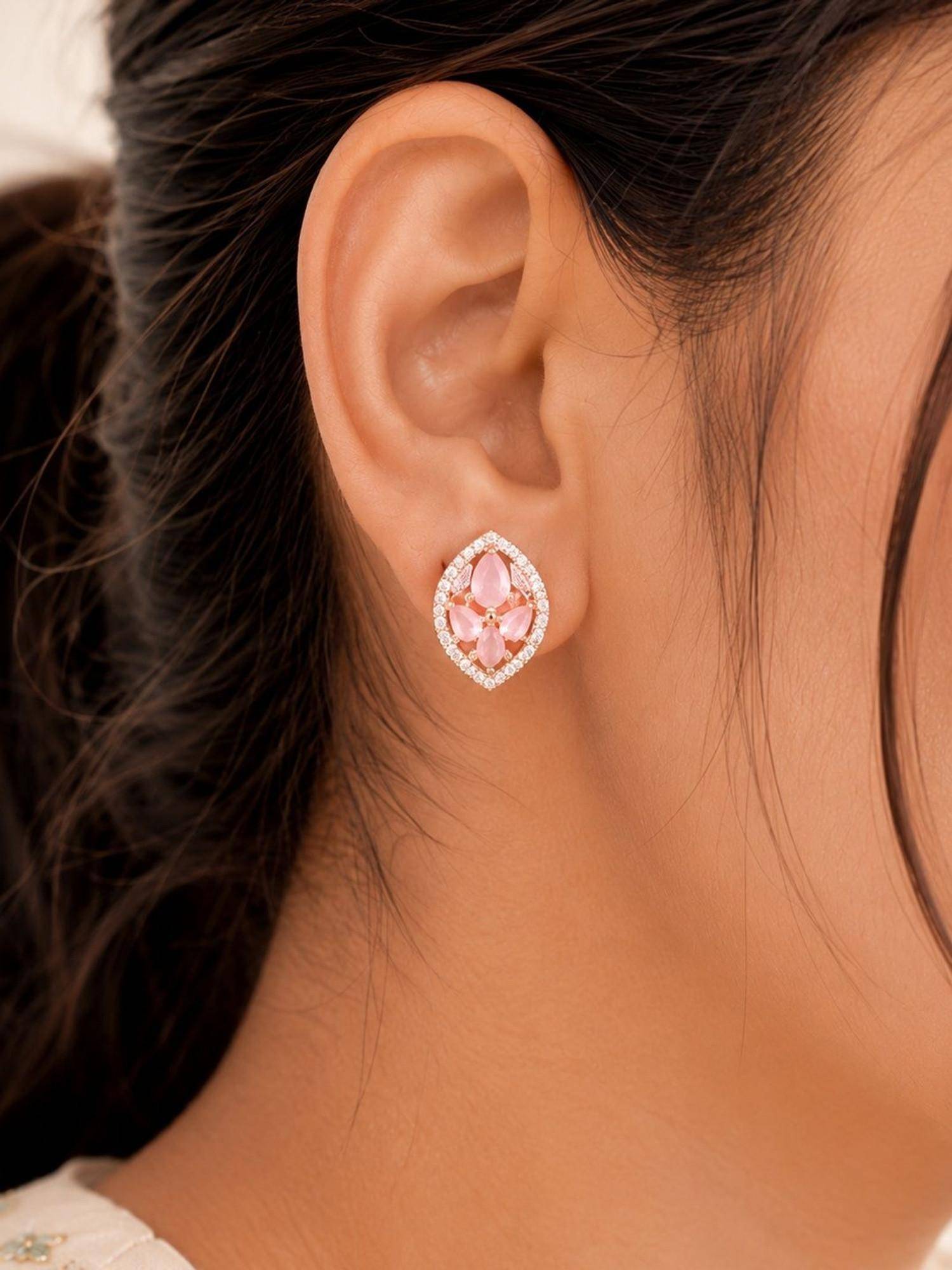 SUGARFRILL Floral Designer 22K Gold Plated Pink Stone Stud Earrings