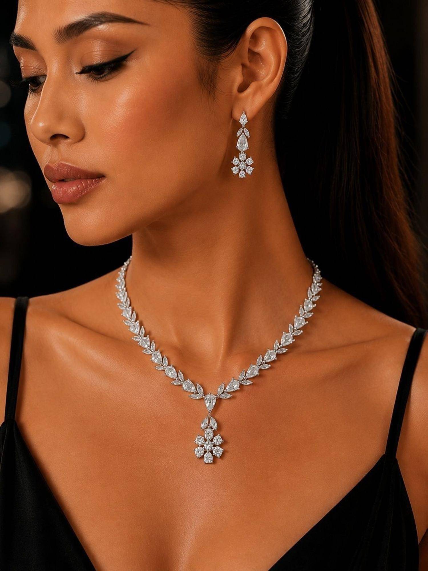 SUGARFRILL Rhodium Plated AD Studded Floral Necklace and Earrings Set