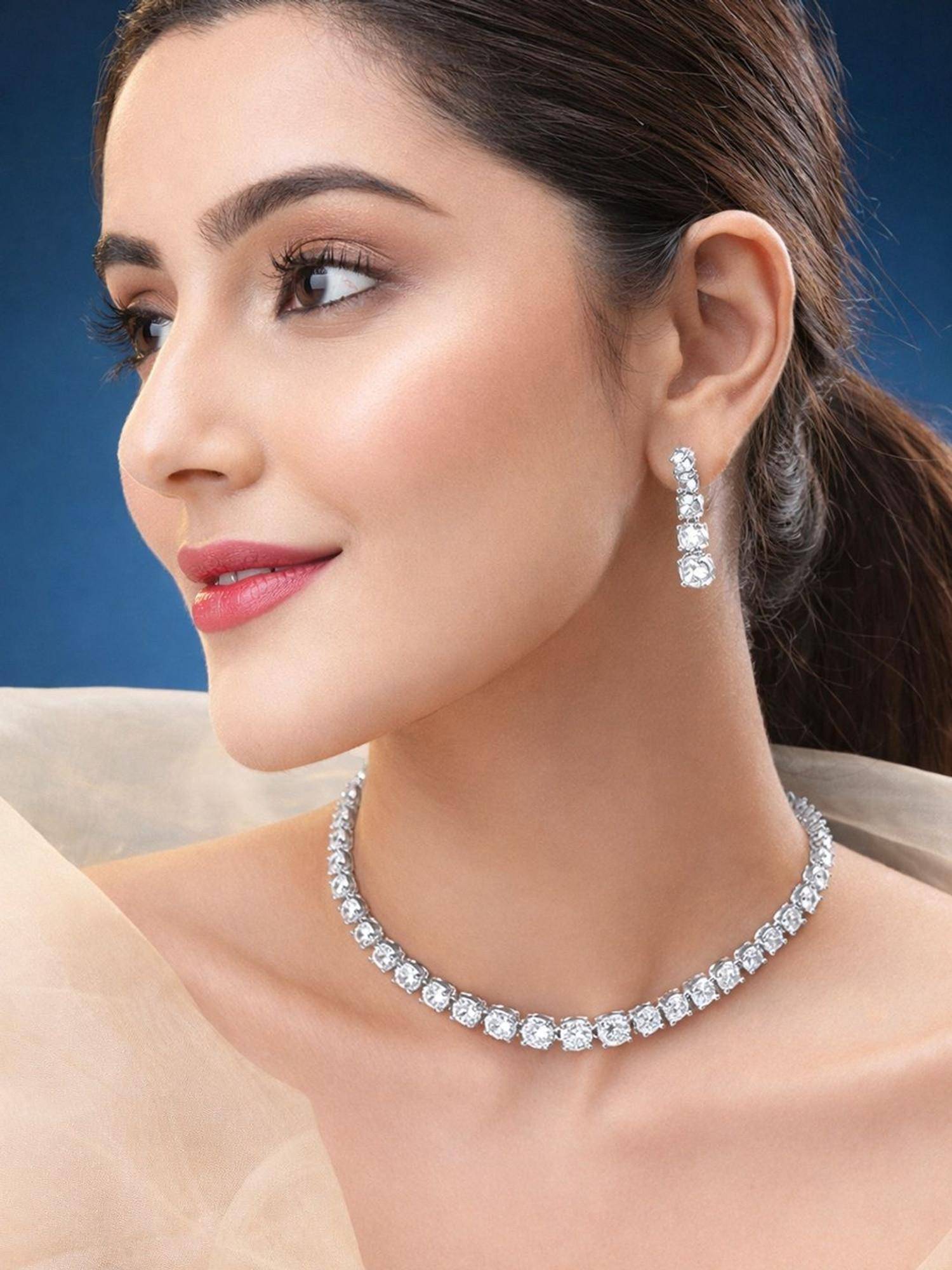 SUGARFRILL Rhodium Plated White Cubic Zirconia Studded Necklace Set