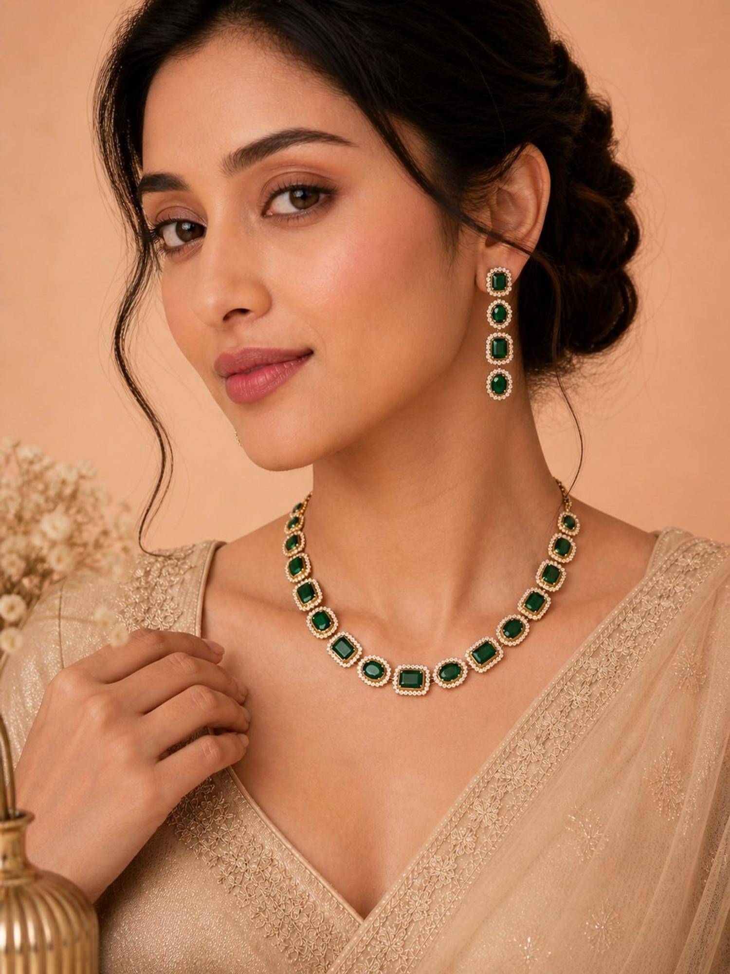 SUGARFRILL Rose Gold Plated Minimal AD Emerald Necklace Set