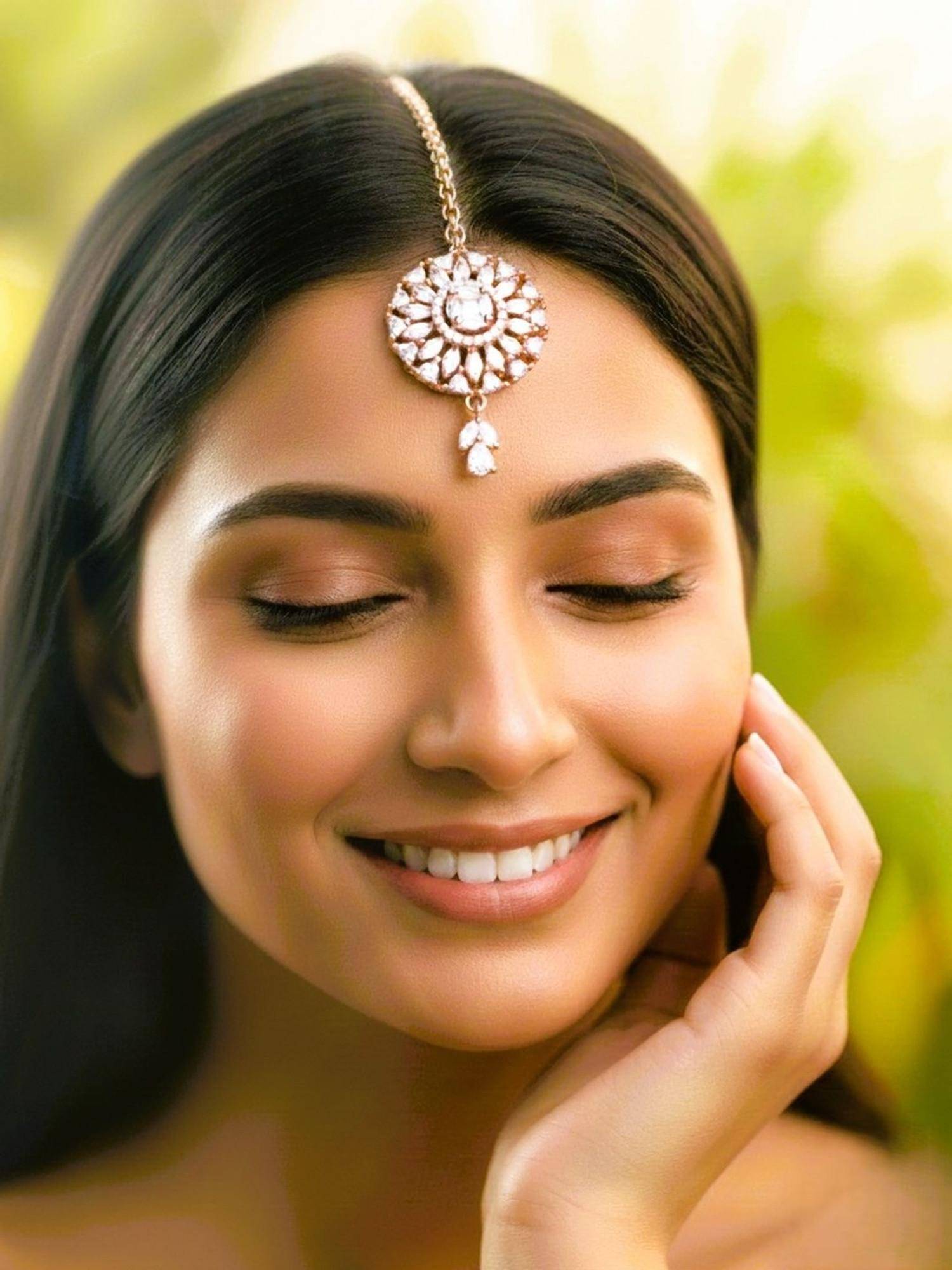 SUGARFRILL Rose Gold Plated Crystal Floral Maang Tikka