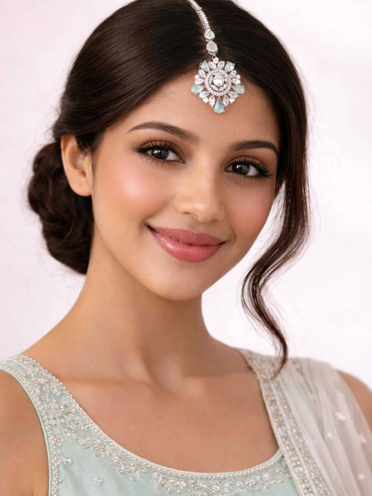 SUGARFRILL Rhodium Plated Crystal Pastel Green Stone Floral Maang Tikka