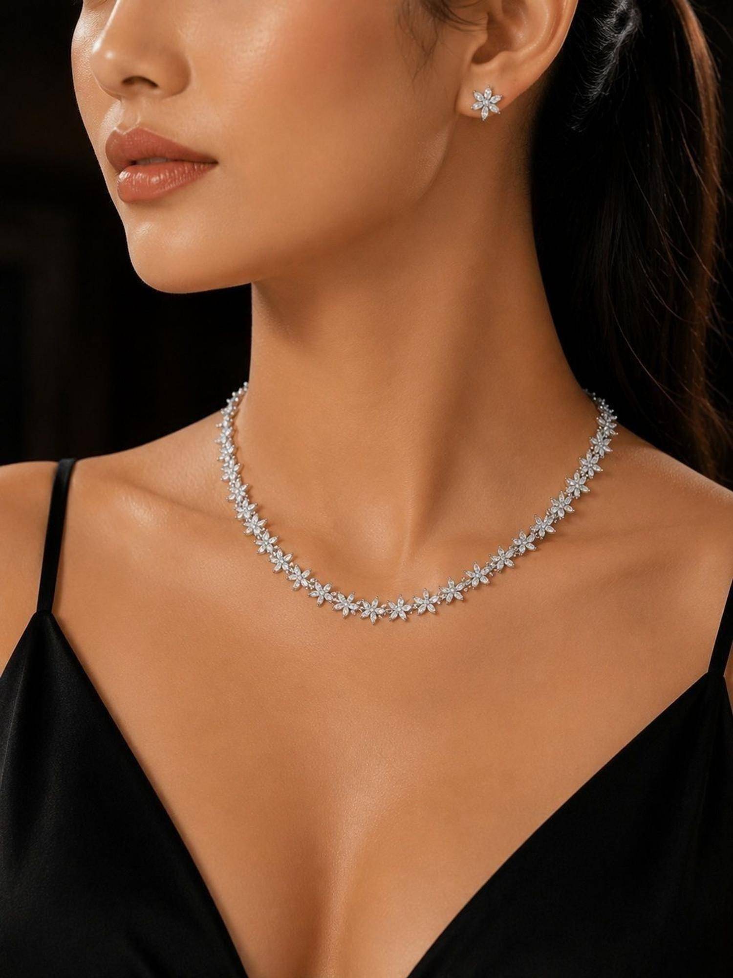 SUGARFRILL Rhodium Plated AD Studded Floral Necklace & Earrings