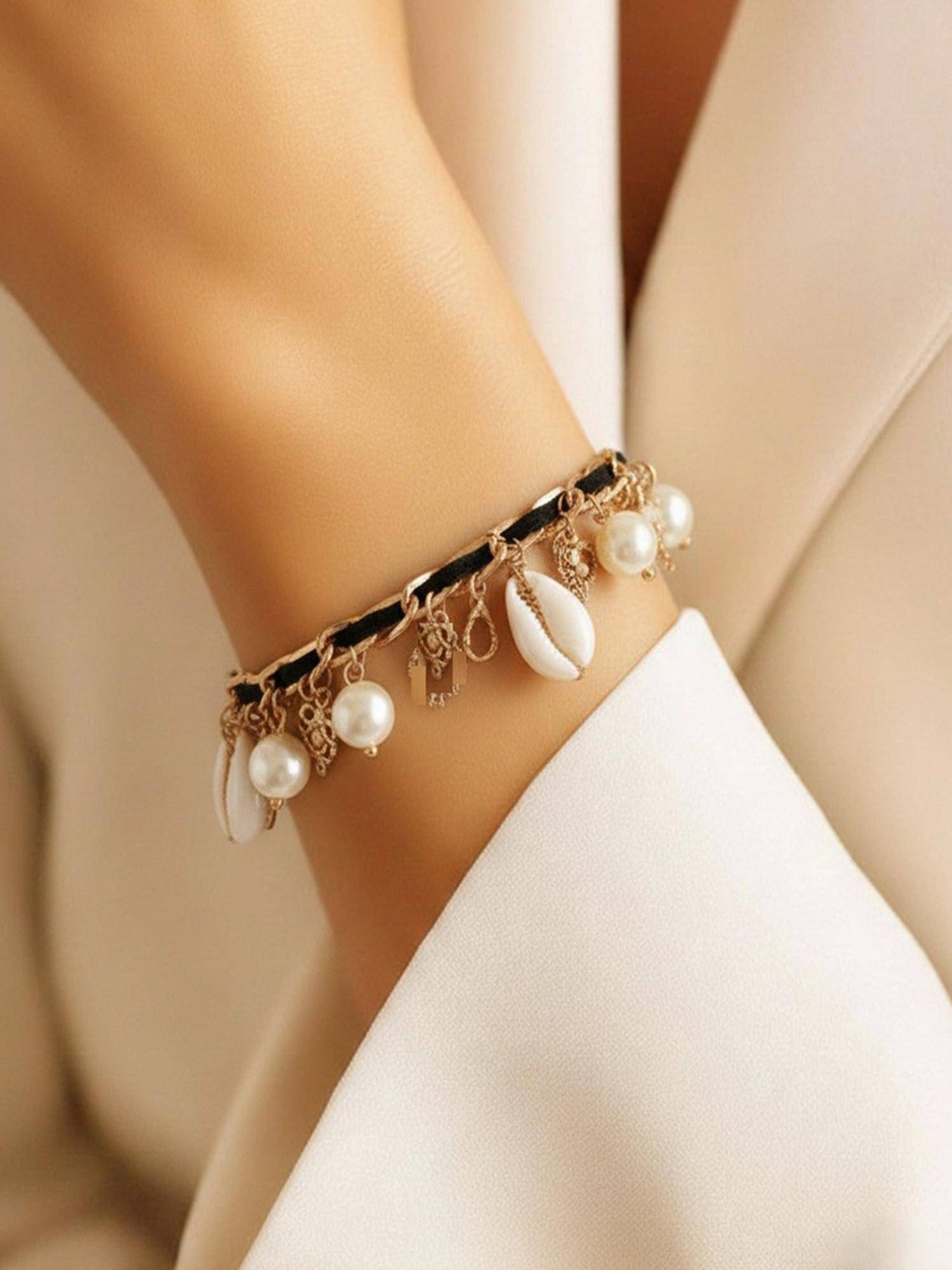SUGARFRILL 18K Gold Plated Tarnish Free Waterproof Shell Pearl Charm Bracelet