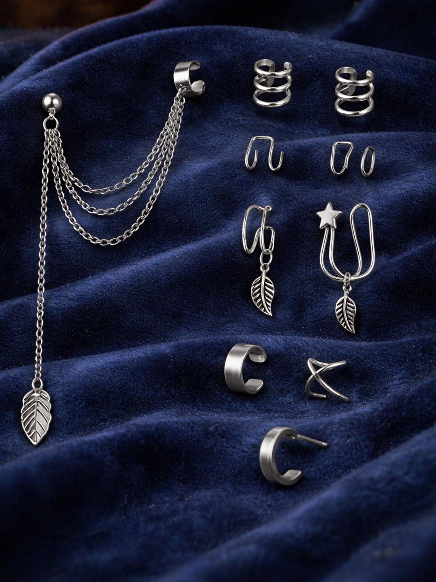 SUGARFRILL Silver Plated Party Wear Multi Design Chain Clip Ear Cuff Hoop Earrings (Pack of 8)